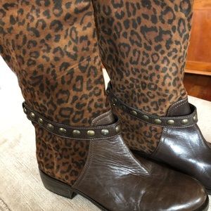 Beautiful brown leather boots /leopard fur calf